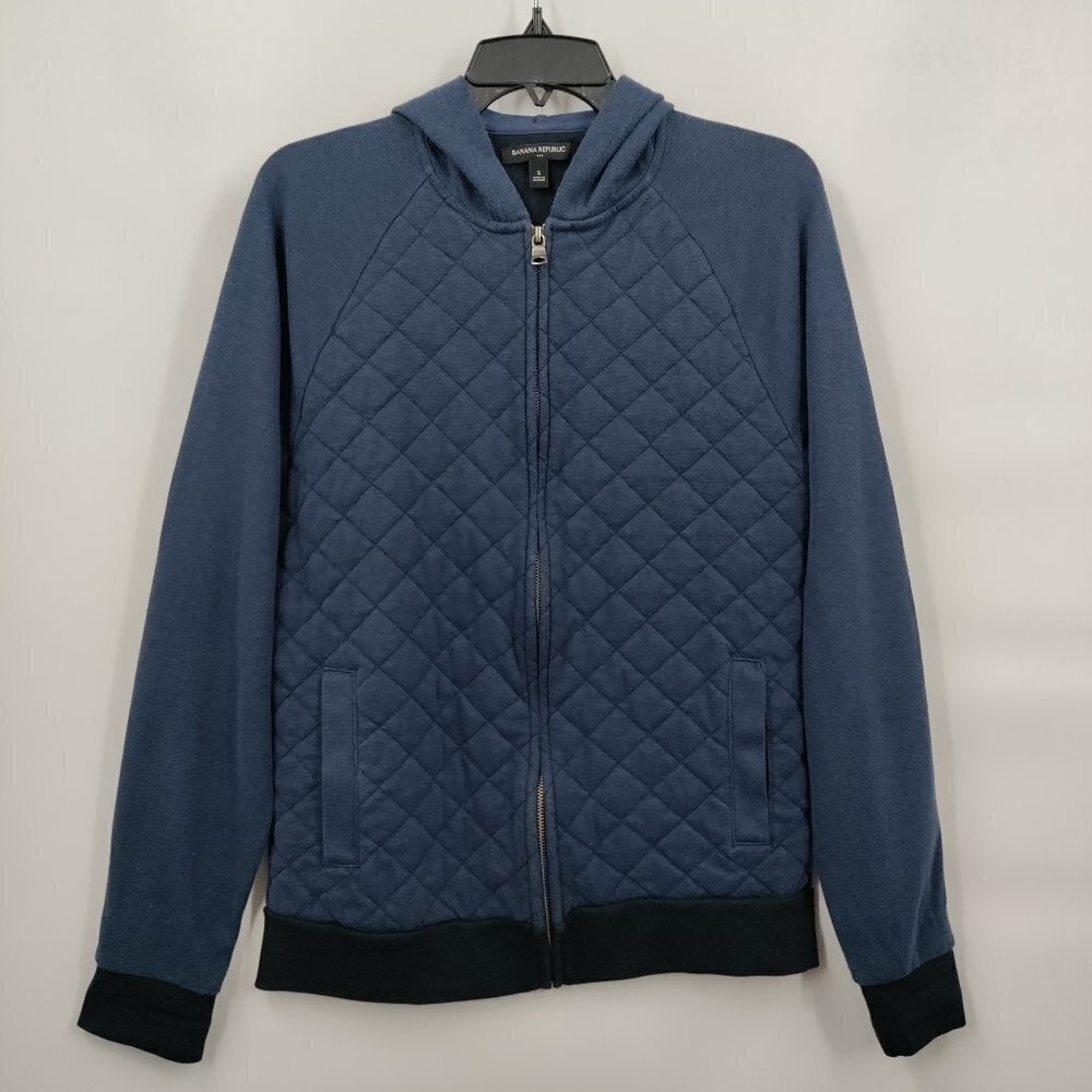 Banana Republic Quilted Front Pocket Full Zip Hoodie Sweater Small Women Blue